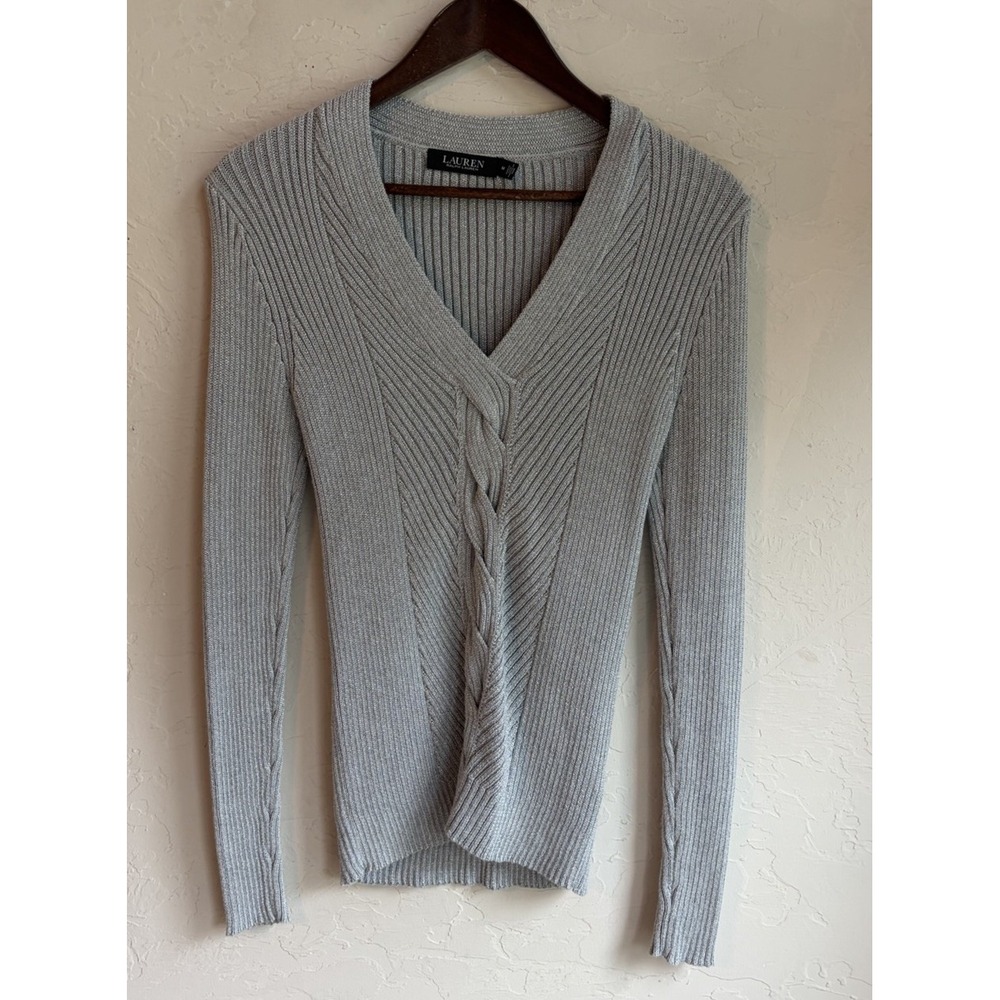 Lauren Ralph Lauren Twist Cable Knit Ribbed Sweater M Old Money Preppy Silver